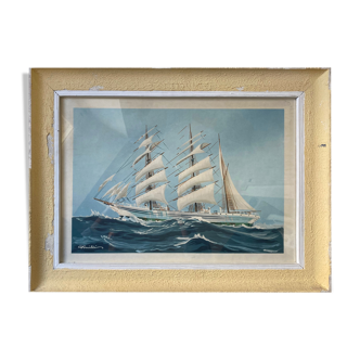Painting litho Georges Fouillé (1909-1994) three-masted boat marine