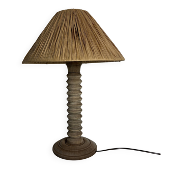 Wabi sabi brutalist wood turned table lamp in the style of Charles Dudouyt