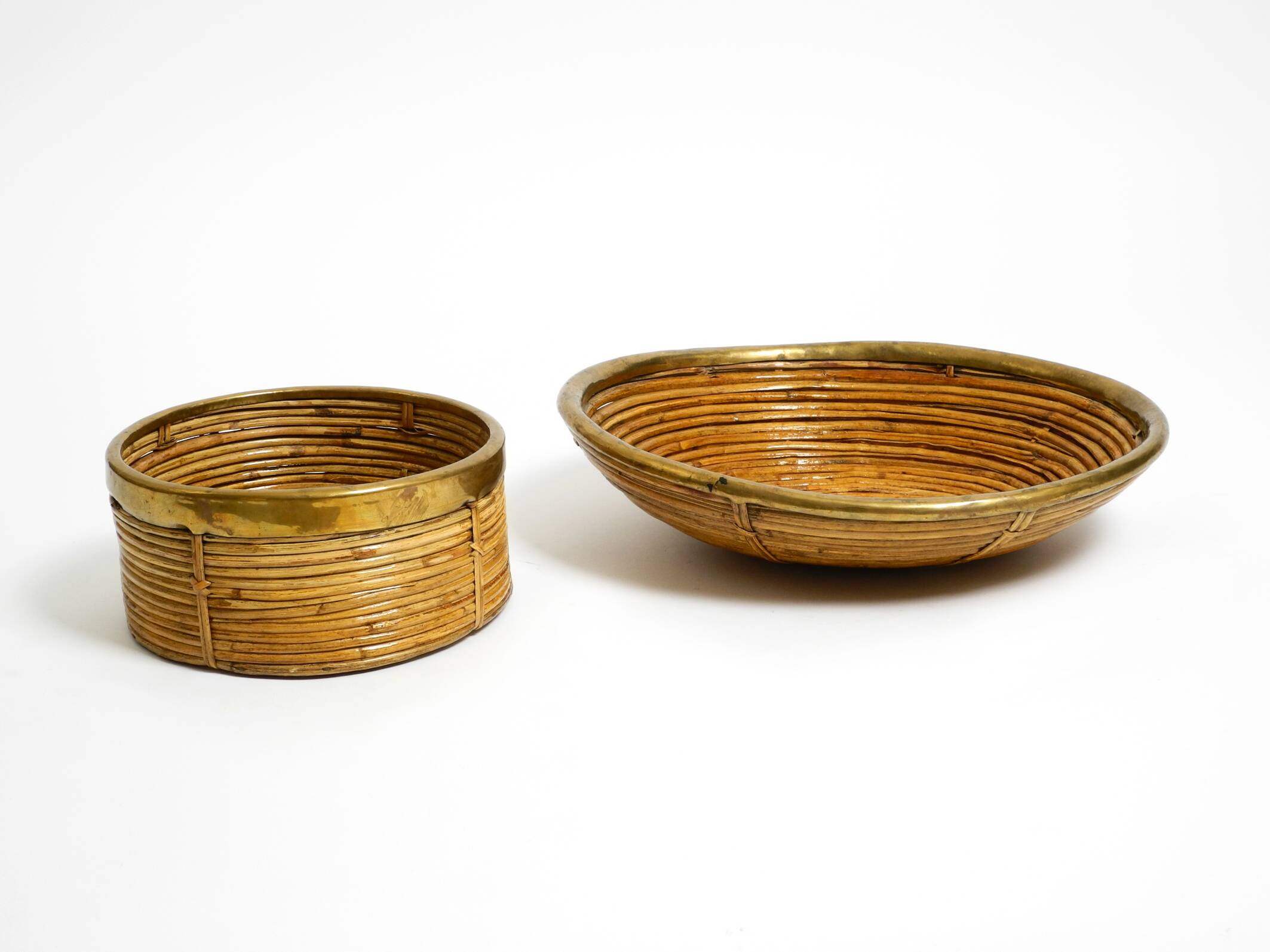 A pair of beautiful Italian Mid Century Modern bamboo bowls with brass rims