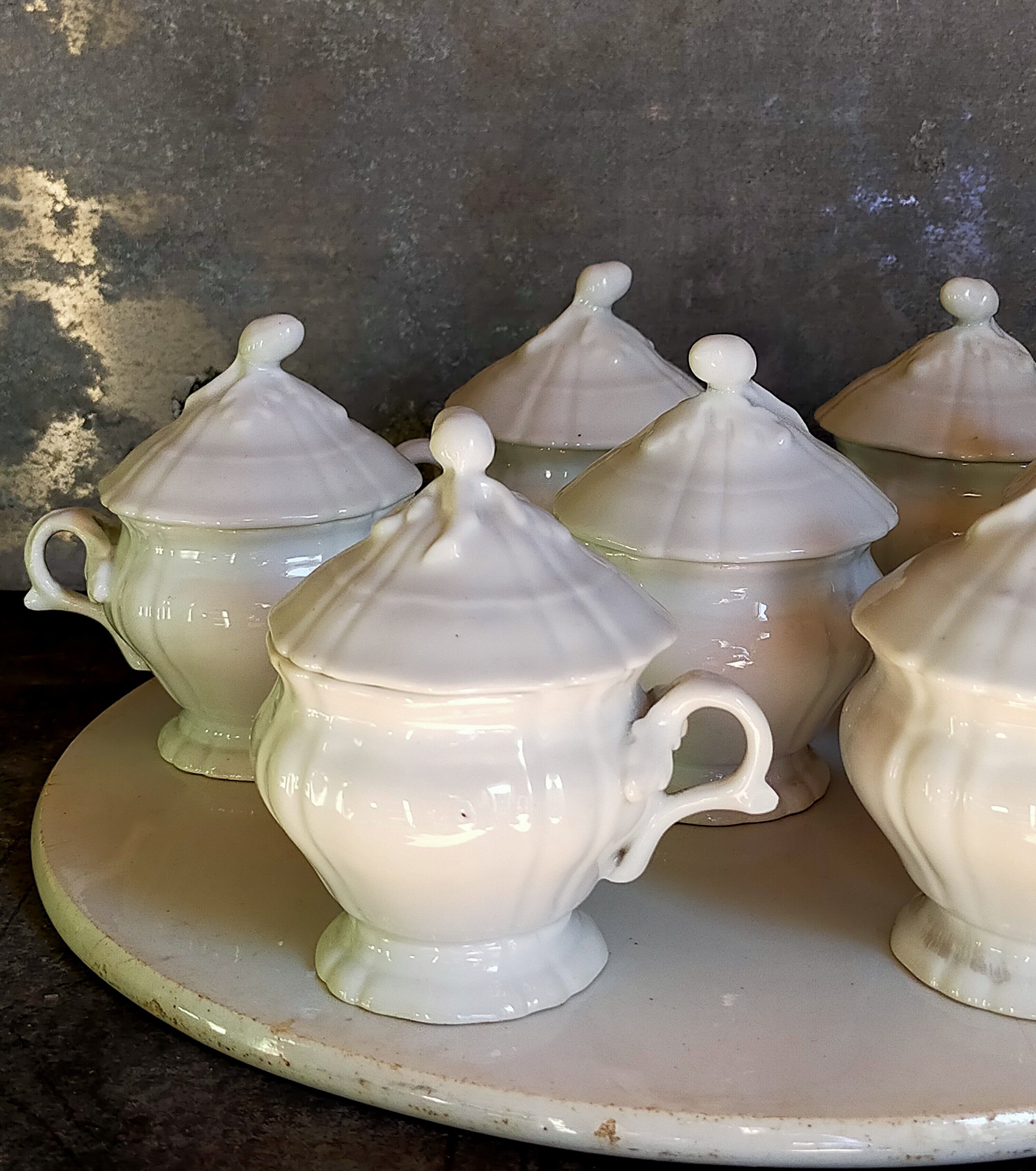 Set of seven covered pots and tray old white slurry nineteenth