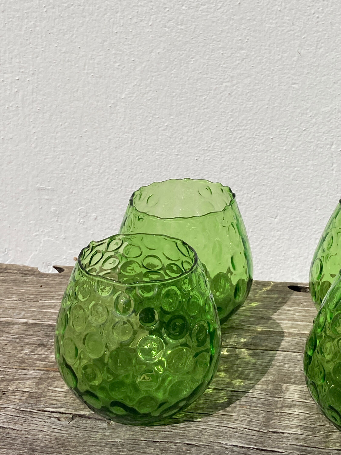4 green water glasses and vintage blown glass carafe