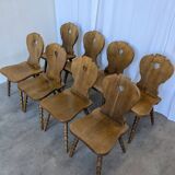 Set of 8 Vintage Tyrolean Heart Cutout Wooden Dining Chairs / Darker Brown