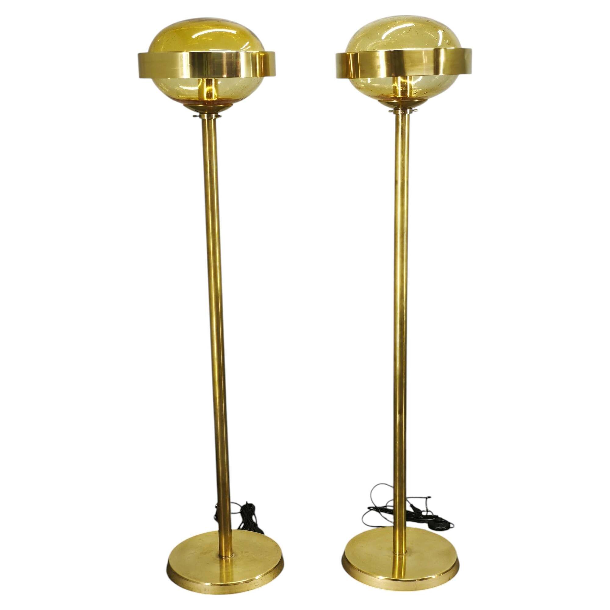 Pair of Brass and Amber Glass Floor Lamps from Kamenický Šenov, 1970s