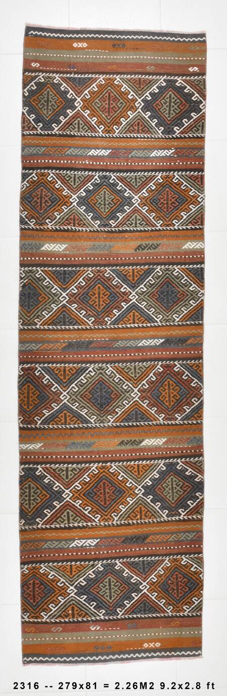 3x9 Red Green Persian Kilim Runner Rug, 81x279Cm