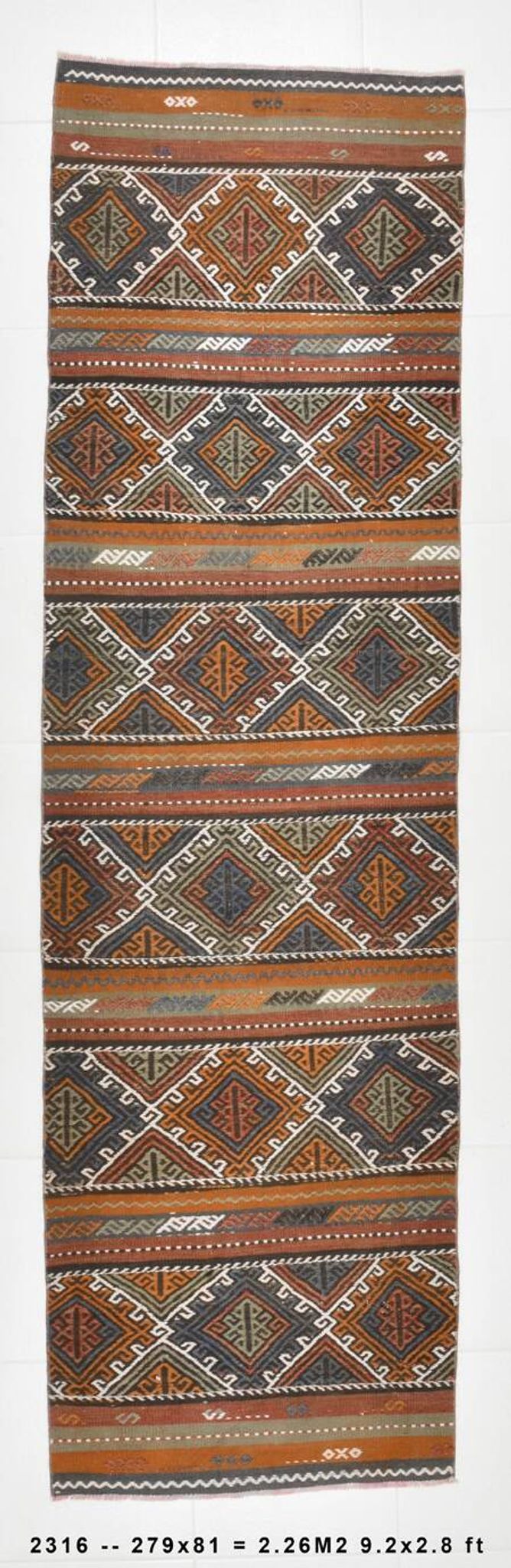 Tapis Kilim persan rouge et vert 3x9, 81x279 cm