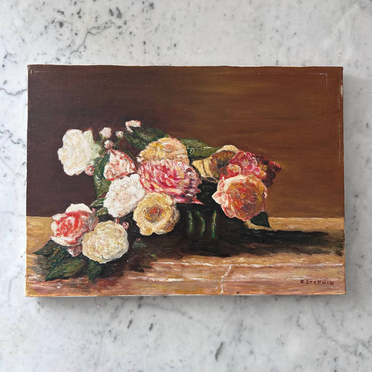 Tableau bouquet de roses anciennes signé R.Stephan