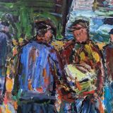 Peinture à l’huile figurative vintage suédoise « Coastal Dock » du milieu du siècle, encadrée