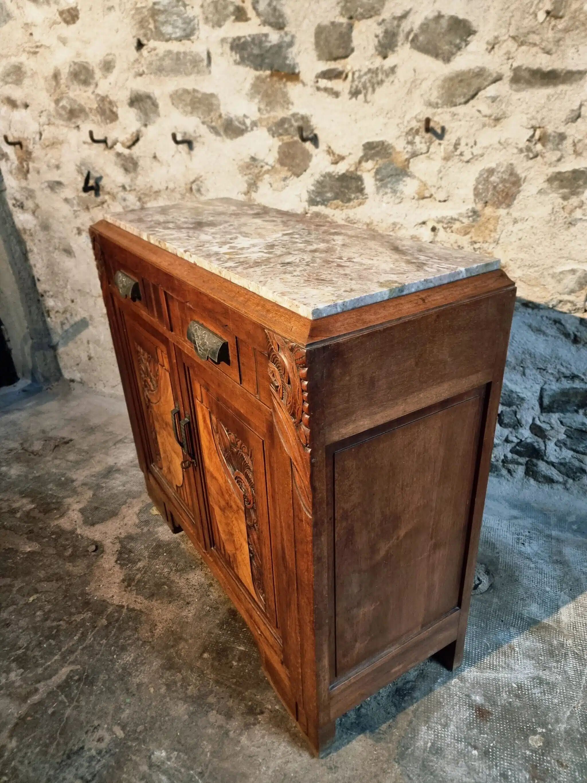 French Art Deco walnut sideboard with marble top (1920s)