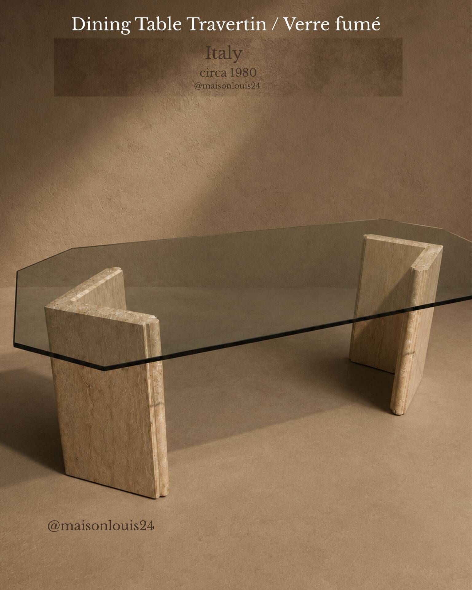 Dining table in travertine and smoked glass.