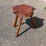 French Vintage Brutalist Tree Trunk Elm Wood Stool-Side Table-50s