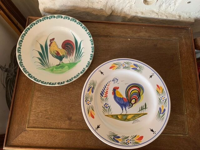 Two collection plates hand-painted rooster pattern signed fab Quimper and wolf mill hamage