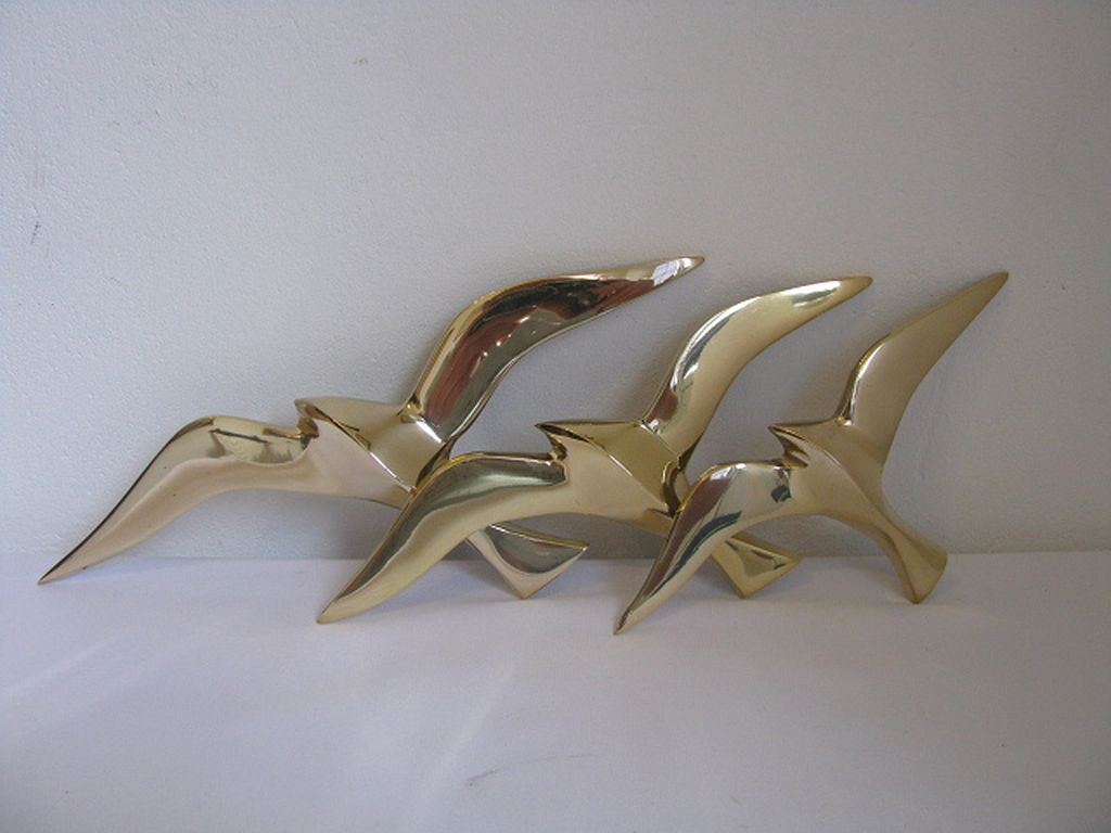 Wall Decoration Set 3 X Seagull / Swallow / Bird. Brass 70 / 80s