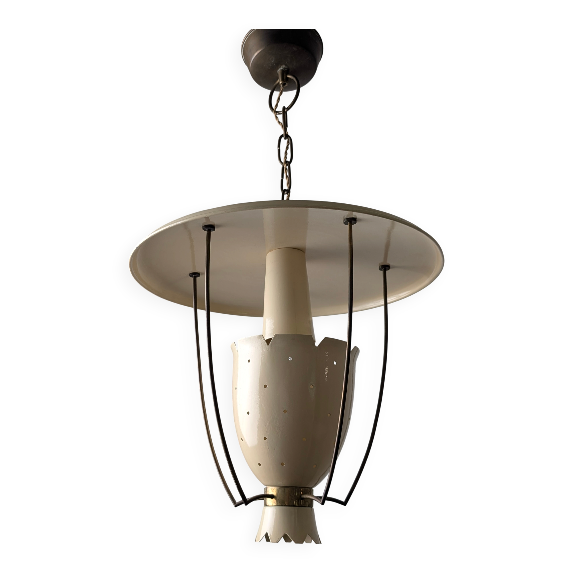 Perforated metal pendant lamp with brass details, Italy, 1940s