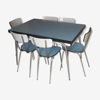 Table et six chaises en formica gris et bleu