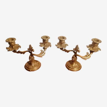 Pair of candlesticks Louis XV rocaille style gilded bronze