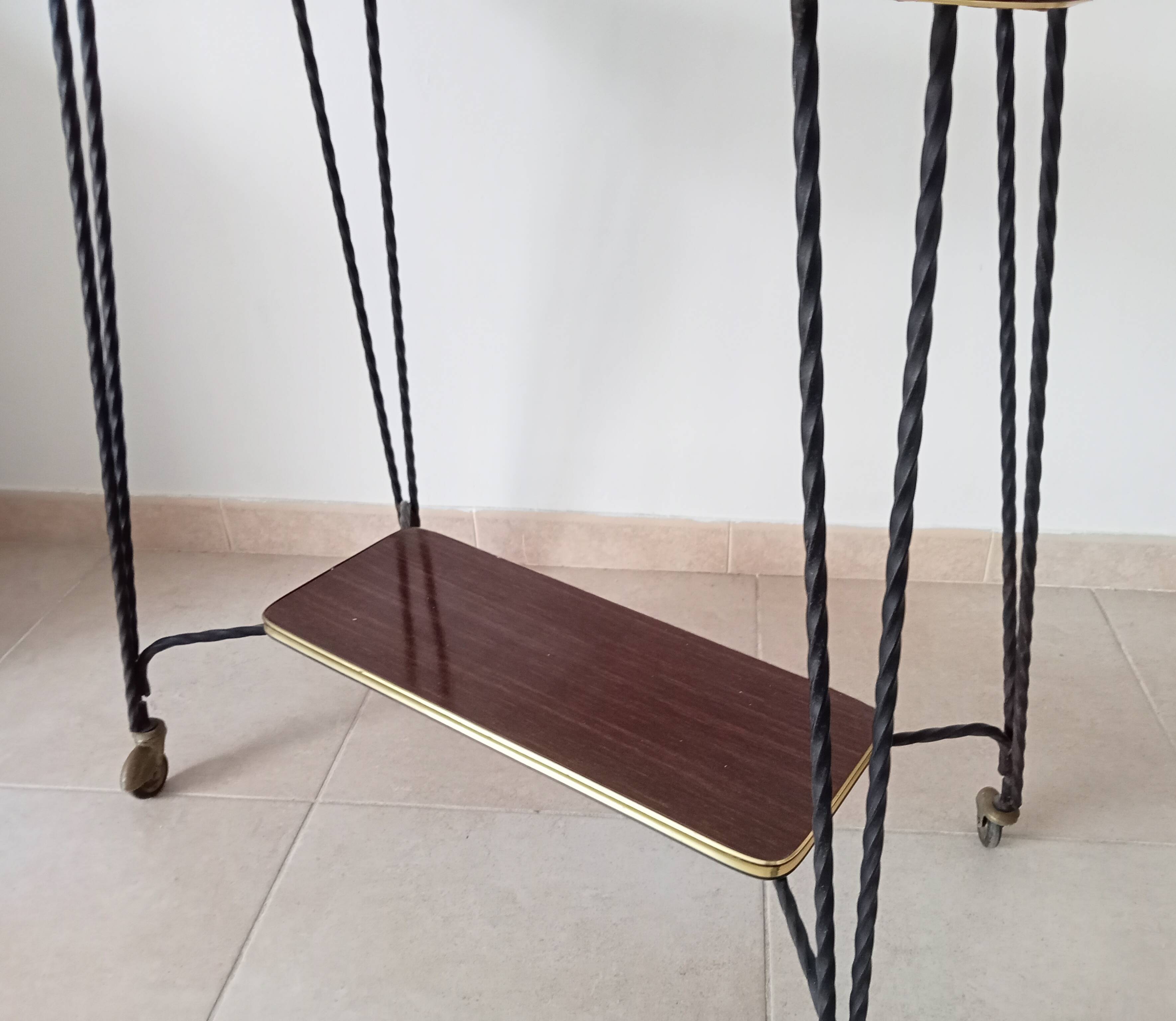 Vintage Formica and wrought iron rolling dessert trolley/side table.