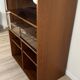Teak bookshelf, sliding display + open storage, 60s/70s