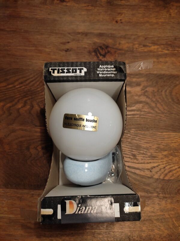 Wall lamp globe blown glass support white speckled blue Tissot vintage