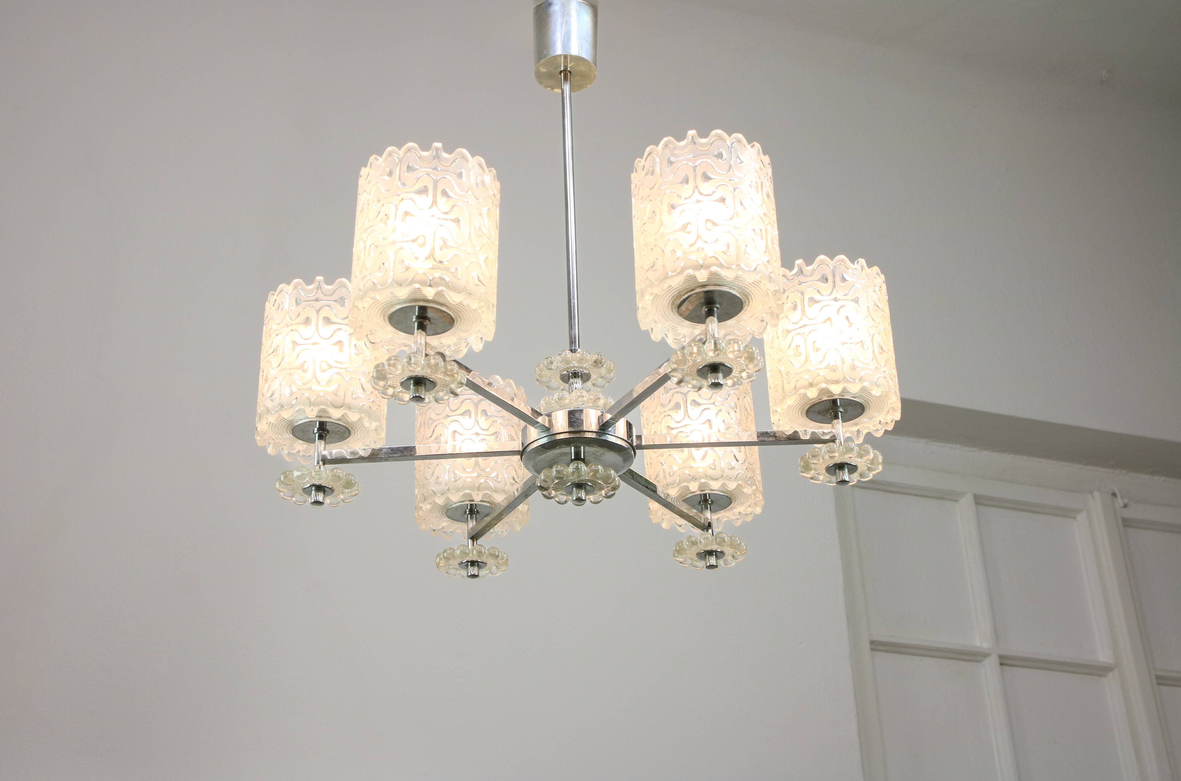 Vintage Austrian Glass Chandelier: Mid-Century Modern Embossed Pendant Lamp