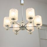 Vintage Austrian Glass Chandelier: Mid-Century Modern Embossed Pendant Lamp