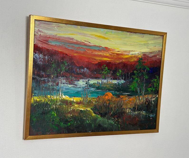 Huile su panneau suédoise "Murmures de la forêt" vintage et encadrée