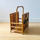 Vintage rattan magazine holder with floral decoration