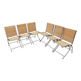 Ensemble de 6 chaises pliantes françaises mid-century en osier et fer, années 1960