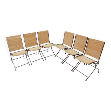 Set of 6 French mid-century folding chairs in wicker and iron, 1960s.