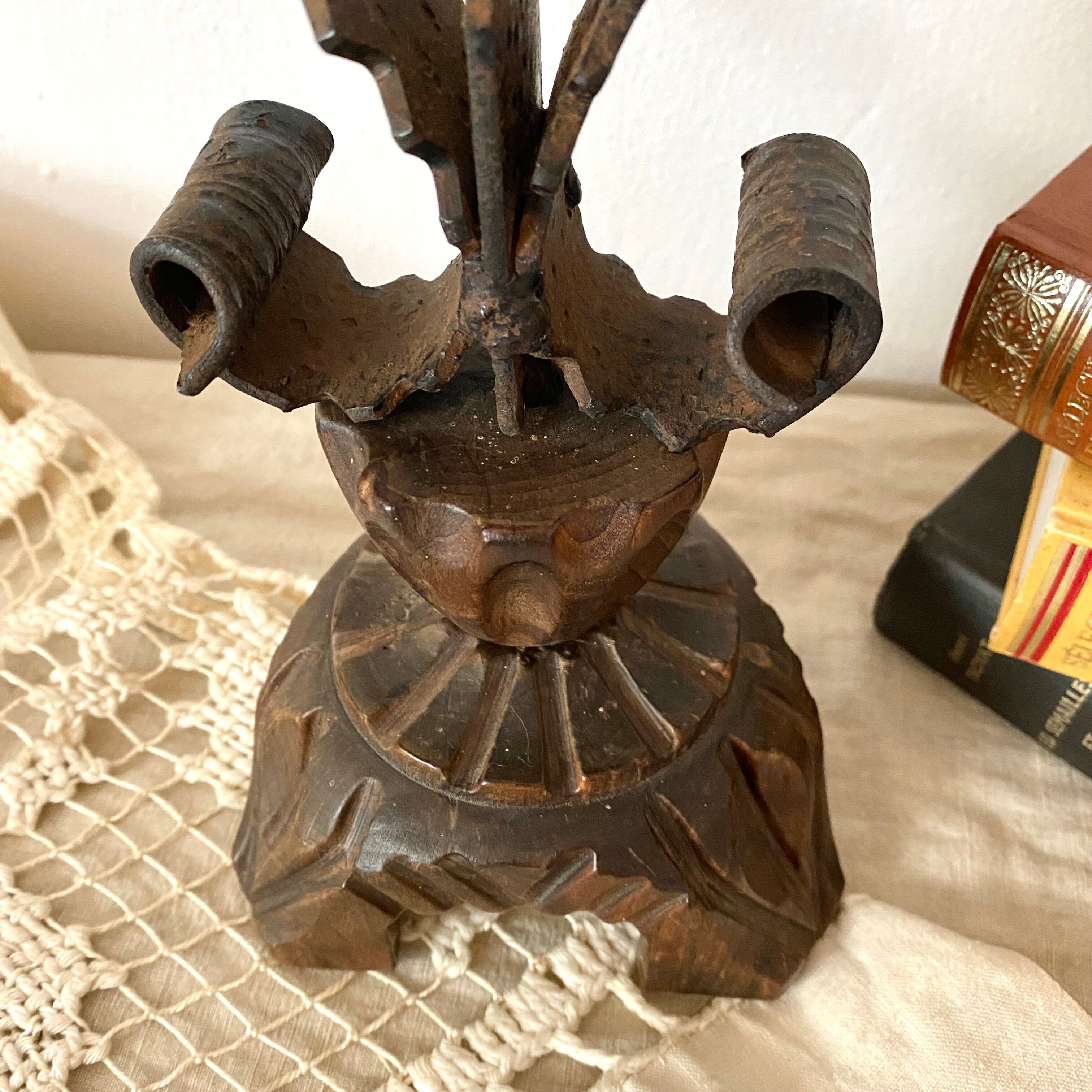 Vintage wooden and wrought iron chandelier