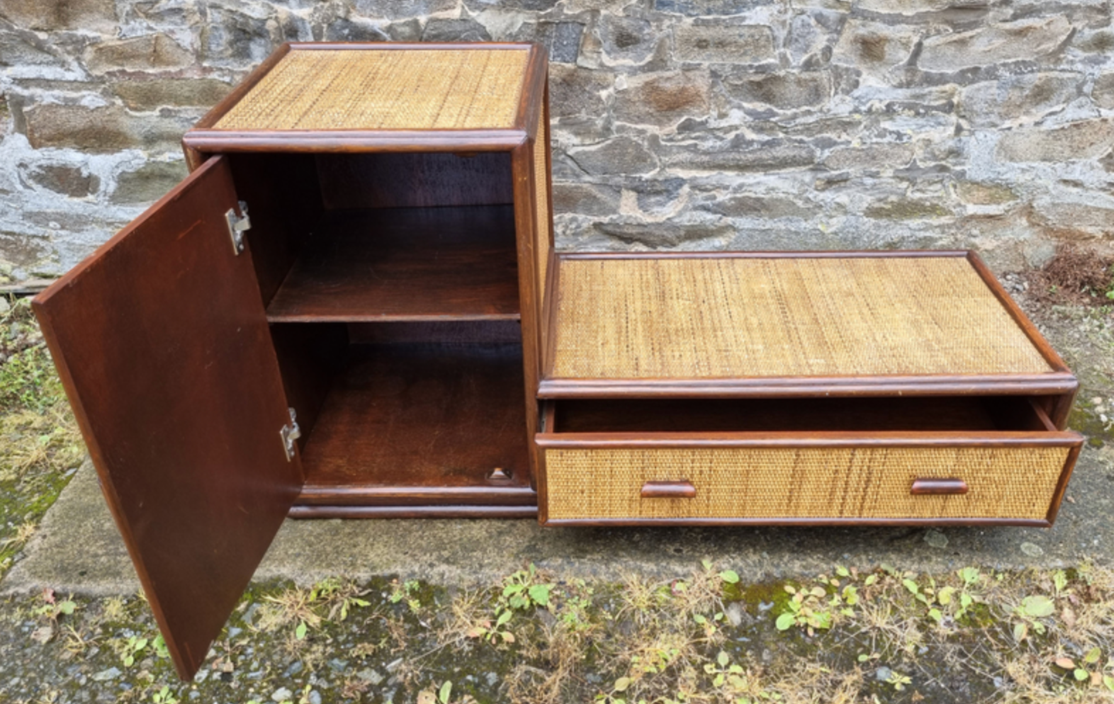 Storage cabinet in bamboo and vintage wicker, 60s