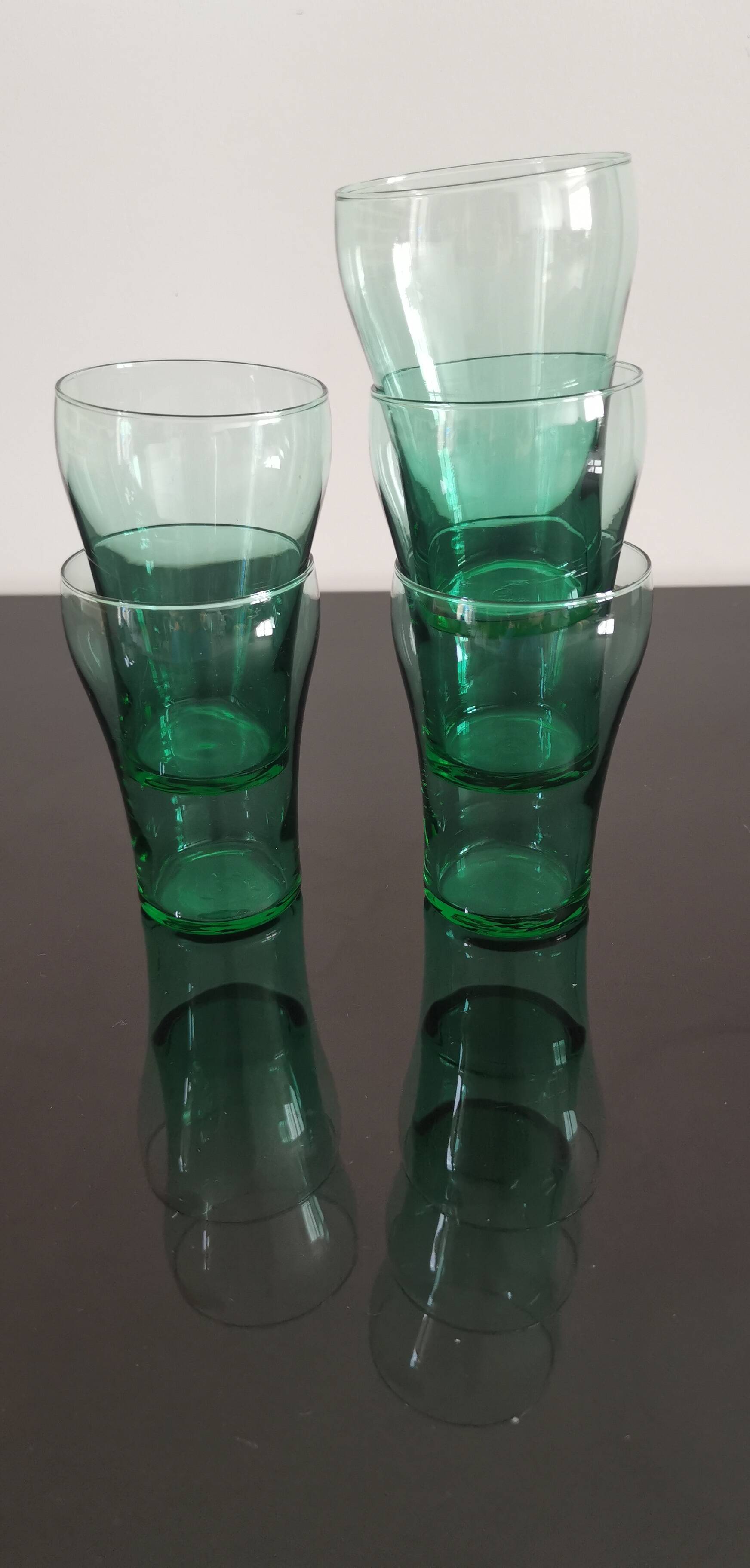 5 old vintage emerald green glasses