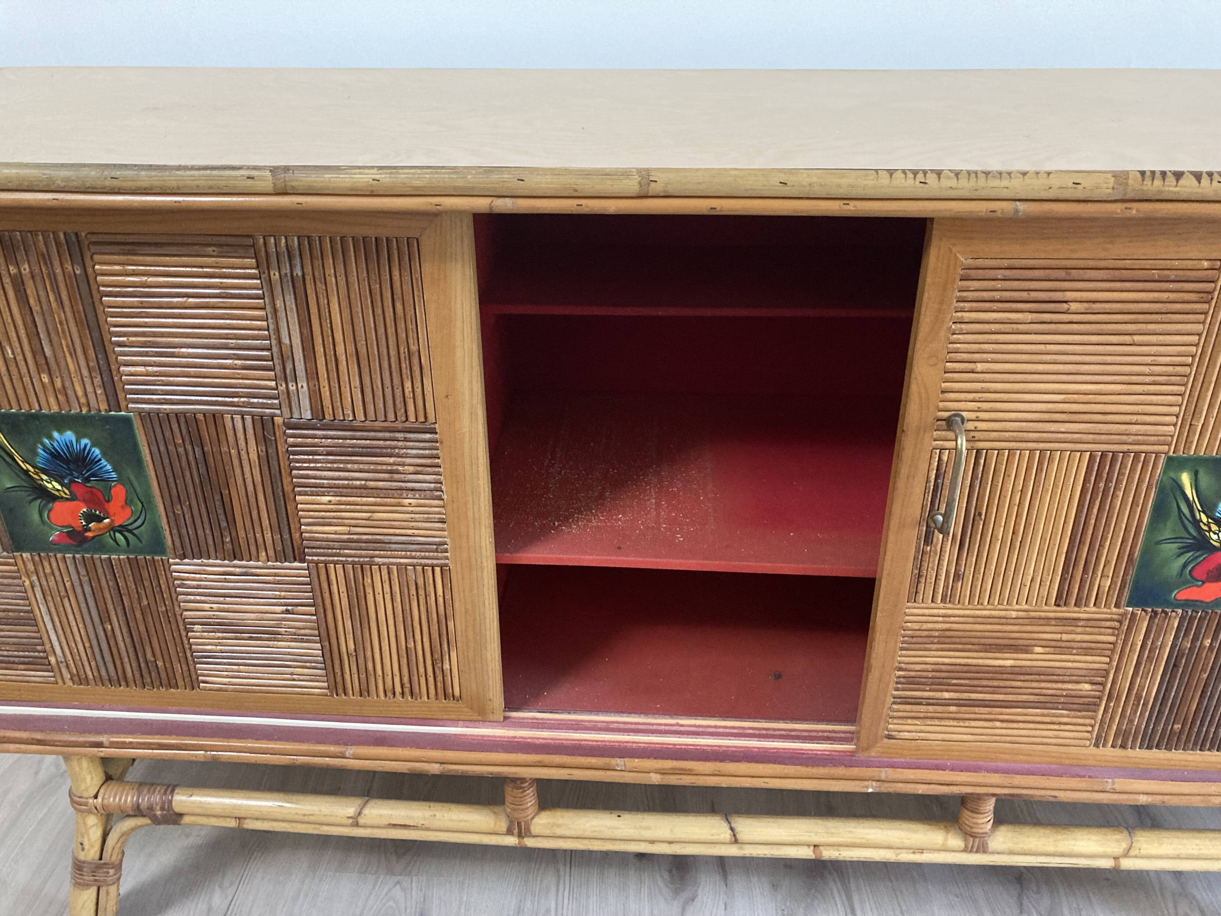 Rattan sideboard and ceramic tiles from vallauris 50s