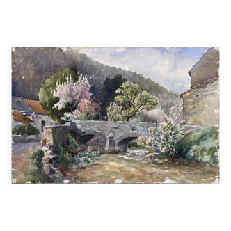 Watercolor painting maurice thevenin (1895-1967) val suzon (21) le pont