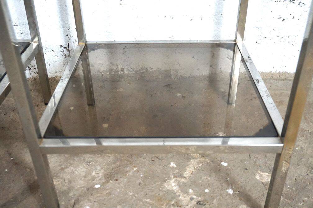 Pair of vintage side tables, chrome and smoked glass 1970