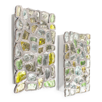 Pair of Brutalist hammered glass wall sconce in the style of Poliarte