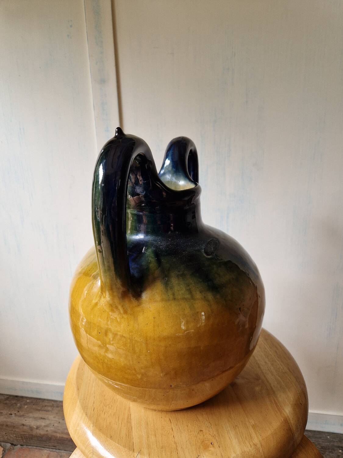 Pottery, jar, old jug in yellow and green glazed terracotta