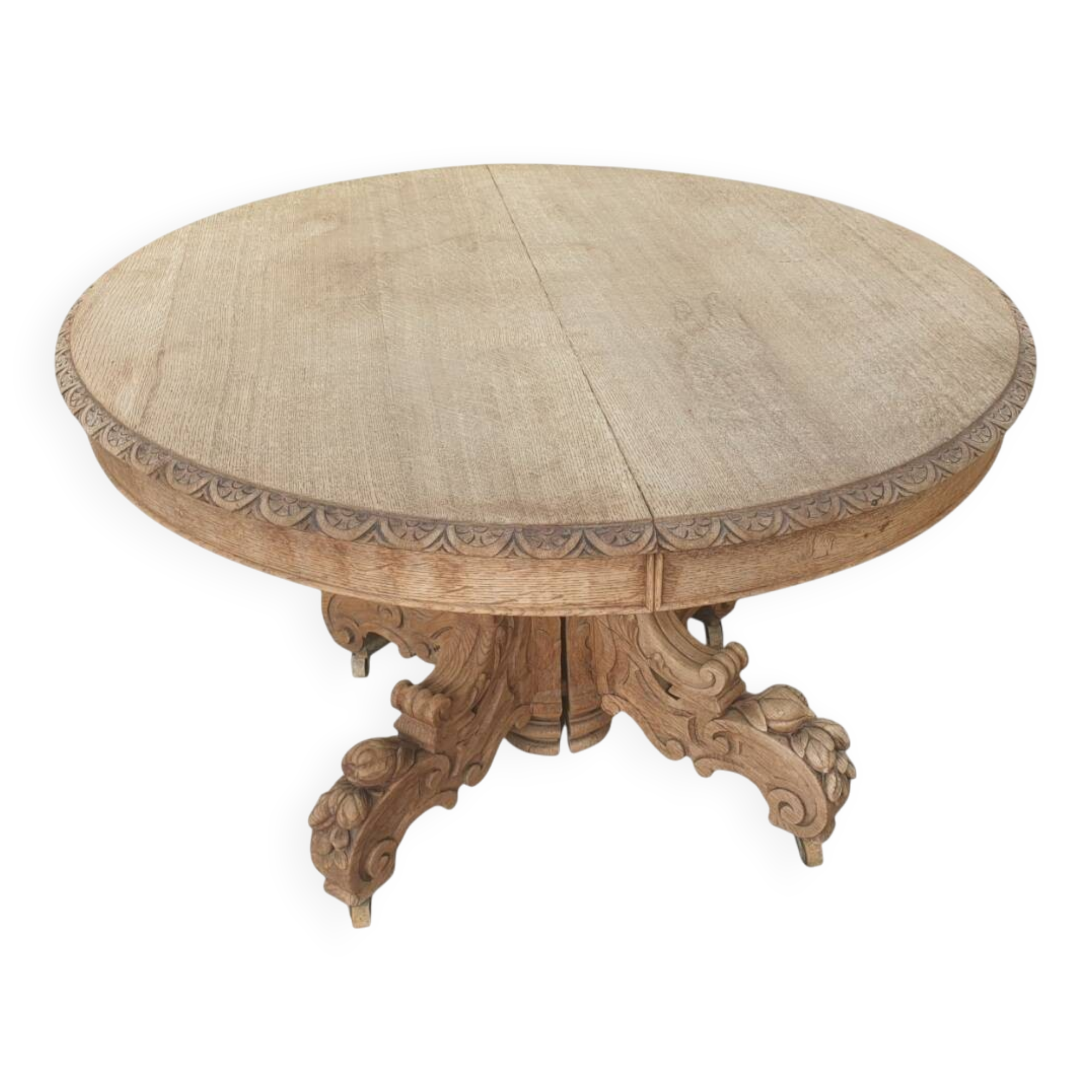 Table with central leg in solid oak, natural wood, carved base