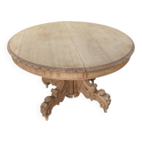 Table with central leg in solid oak, natural wood, carved base