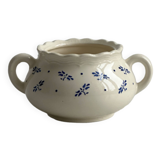 Pot - sugar bowl with two handles in decorative ceramic with blue floral motifs.