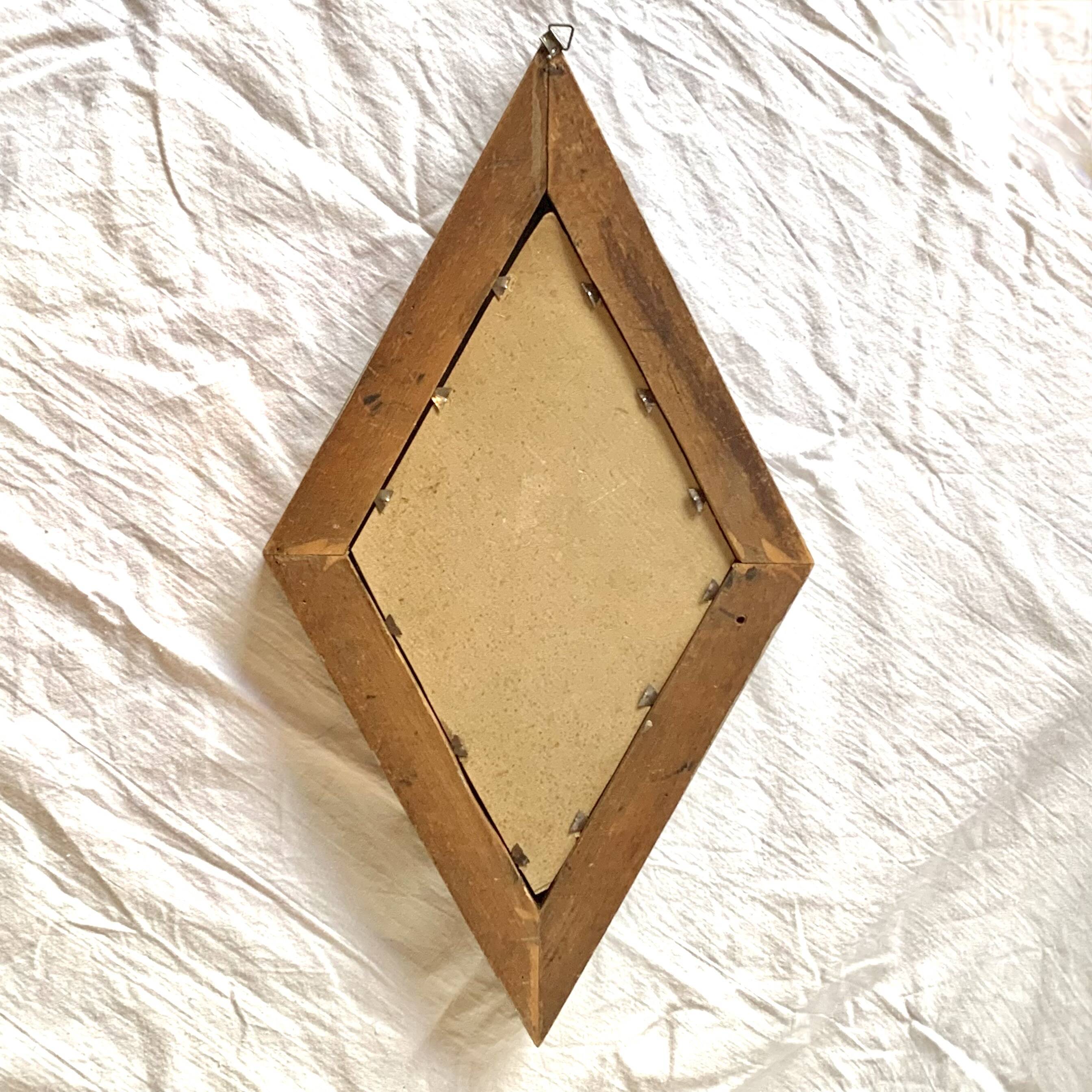 Small vintage wooden diamond wall mirror