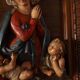 Painting, low relief in polychrome plaster, virgin mary, child jesus on wooden frame