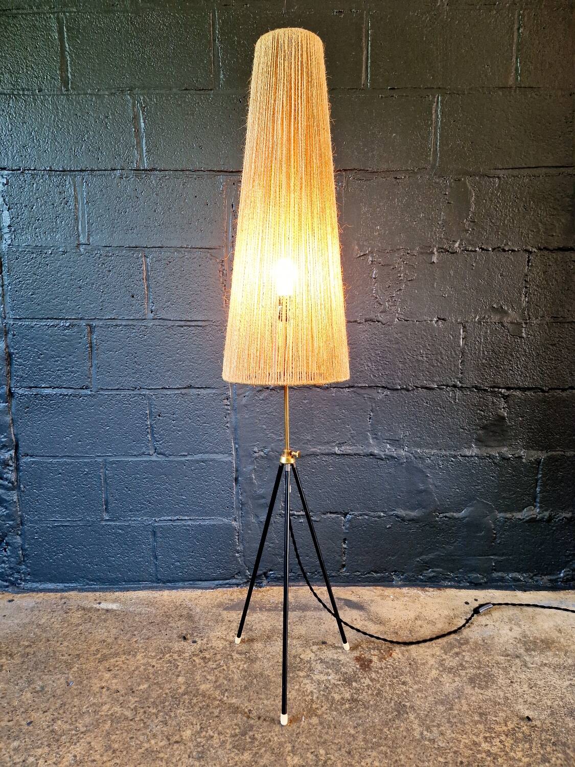 Mid-century tripod floor lamp, cord shade, 1950s-60s.