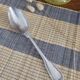 Large silver spoon with net decoration.
