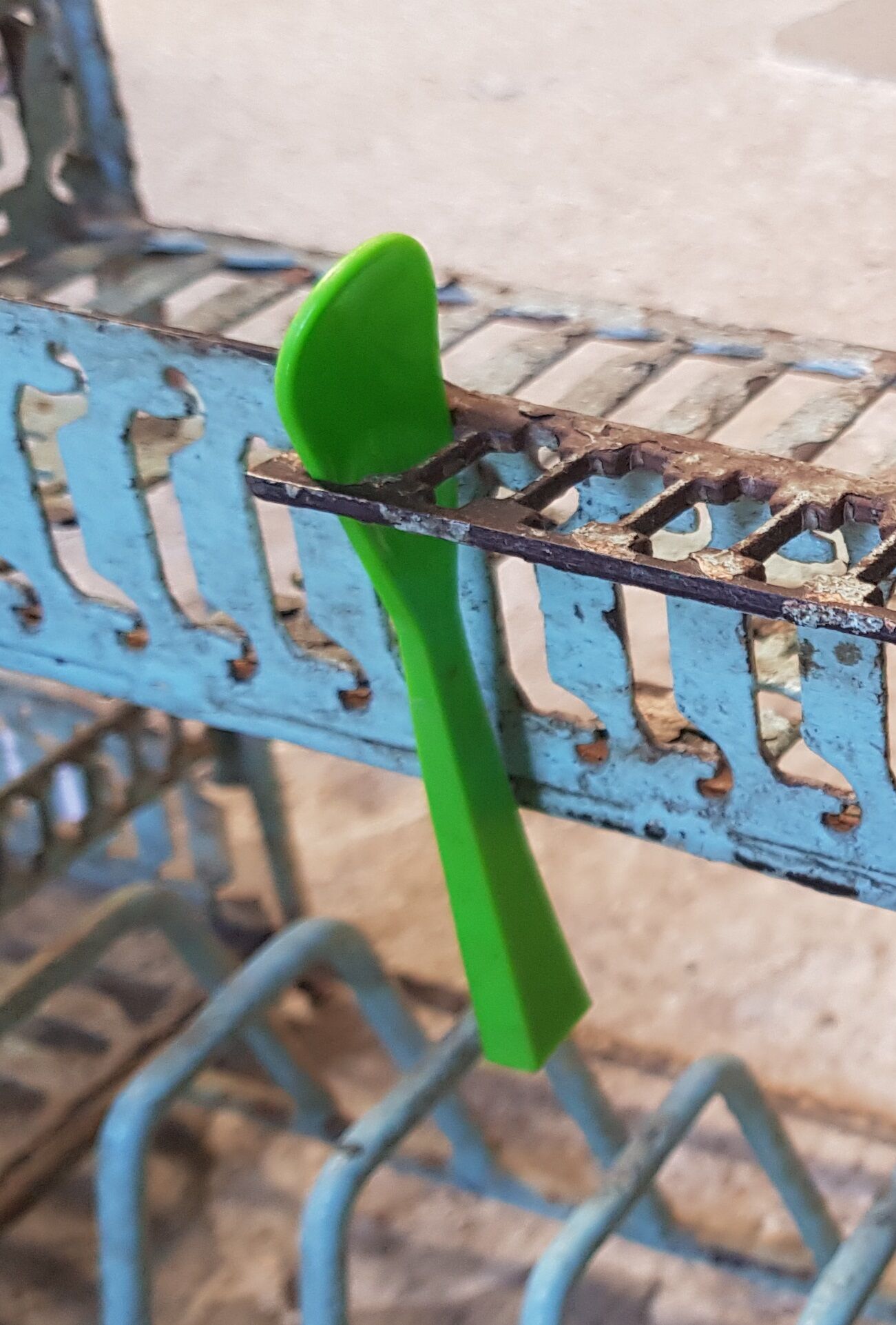 Old wall shelf - metal drainer with its original green patina