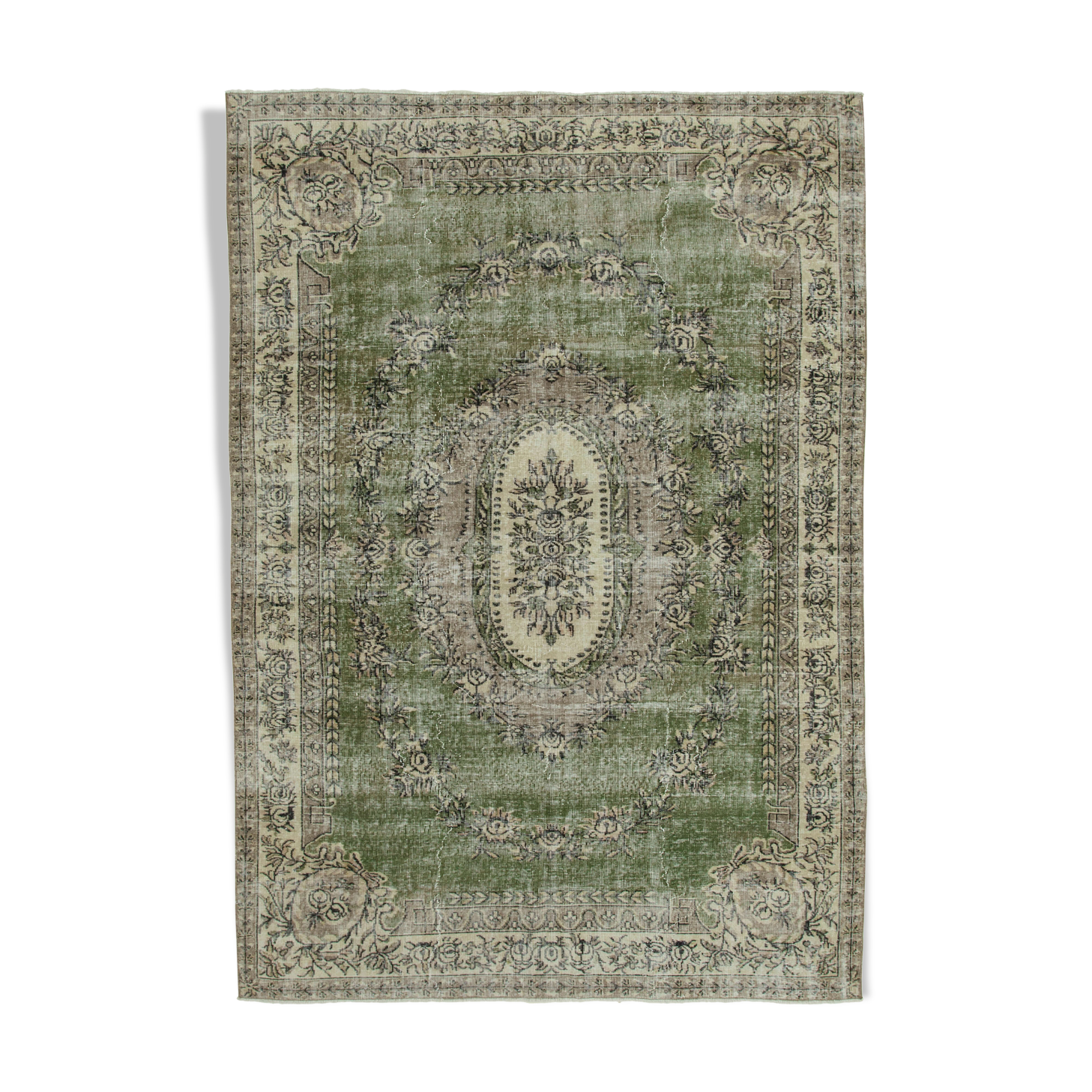 Anatolian handwoven rustic 1970s beige carpet 213 cm x 300 cm