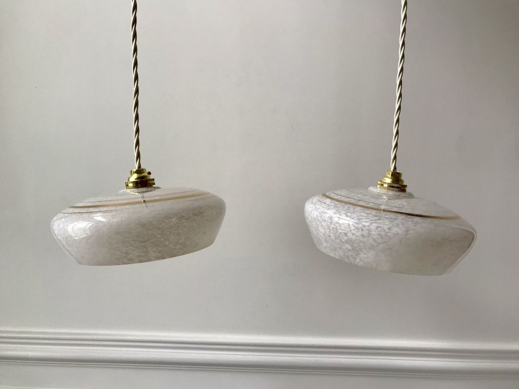 Pair of suspensions in white Clichy glass and golden edging 40s-50s