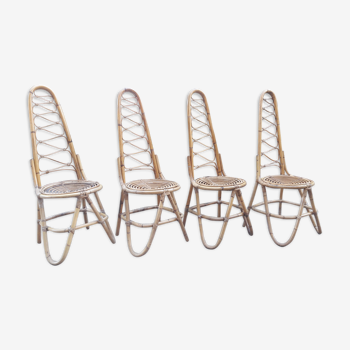 Suite de 4 chaises vintage 1970 en bambou et rotin