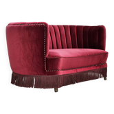 1970s, Danish 2-seater "Banana" sofa, original cherry-red velour.