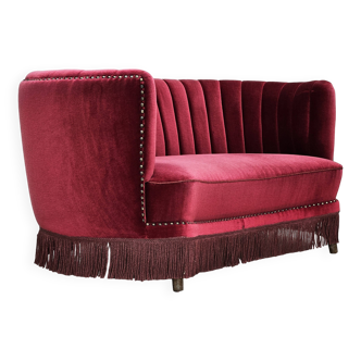1970s, Danish 2-seater "Banana" sofa, original cherry-red velour.
