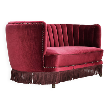1970s, Danish 2-seater "Banana" sofa, original cherry-red velour.